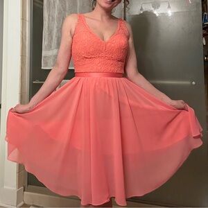 Vintage Mori Lee Vibrant Coral Lace Prom Dress